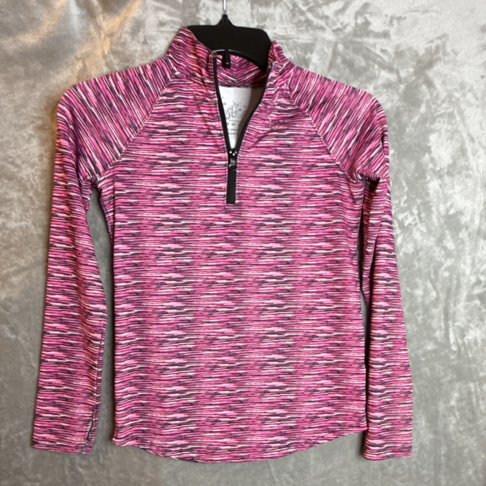 Justice Girls Pink Black White Striped Casual 1/4 Zip Long Sleeve Top Size 8